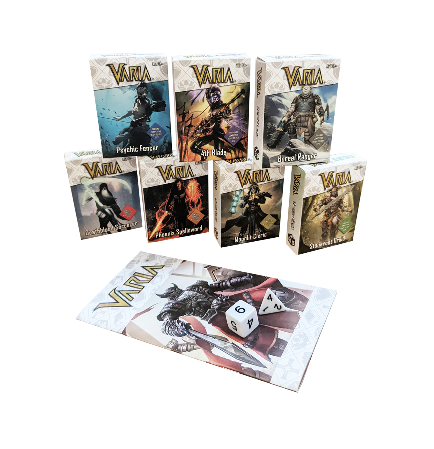 Guildhouse Games Varia Complete Class Set Season 2 with Deathblood Sorcerer Class Deck card game, Phoenix Spellsword Class Deck Card Game, Moonlit Cleric Class Deck Card Game, Stoneroot Druid Class Deck Card Game, Psychic Fencer Class Deck Card Game, 4th