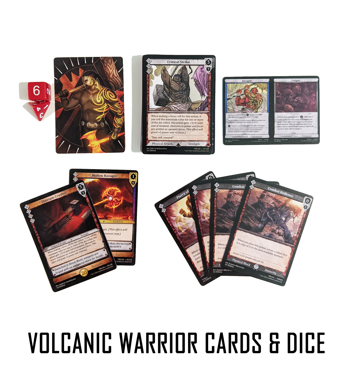 Guildhouse Games Varia Battle Box Starter Card Game Set Volcanic Warrior cards and dice