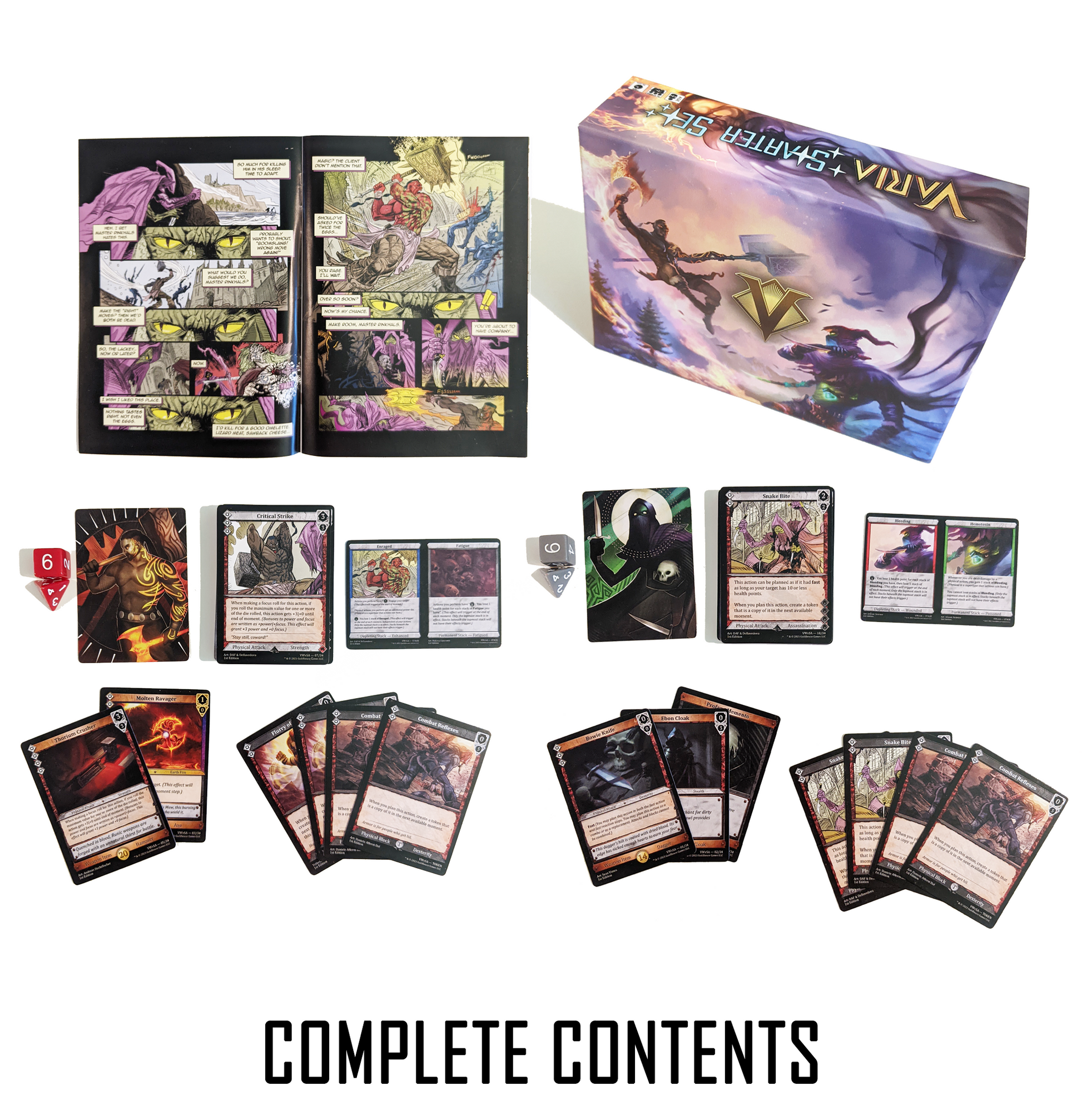 Guildhouse Games Varia Battle Box Starter Card Game contents with all 65 cards, 2 sets of dices, rules booklet and token cards